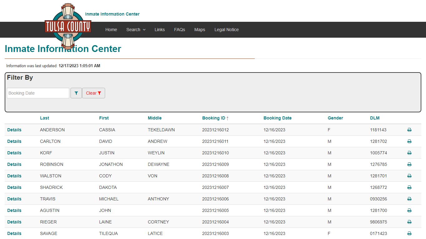 Booking Index - Inmate Information Center - Tulsa County, Oklahoma